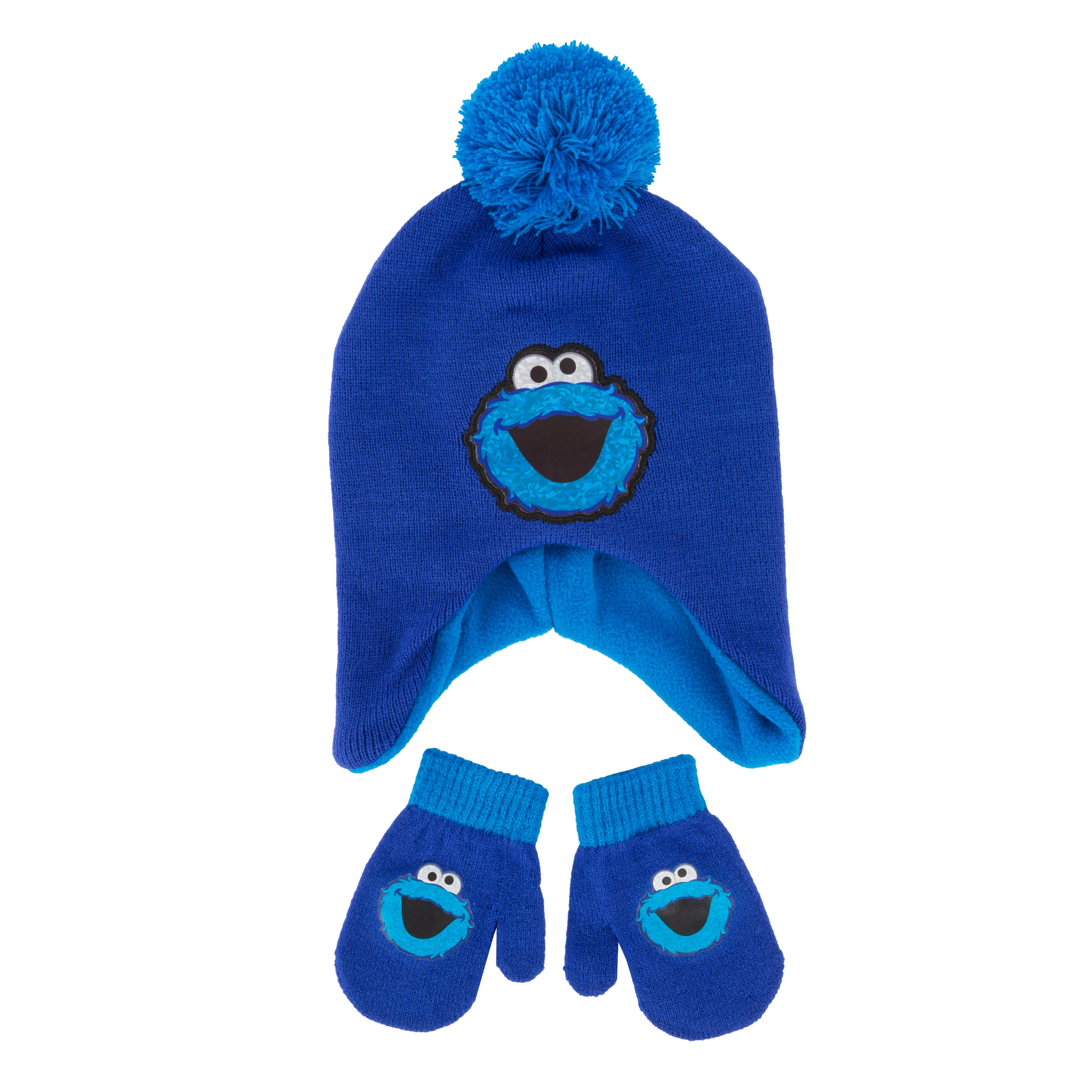 Toddler Cookie Monster Pom Earflap Beanie & Mitten Set